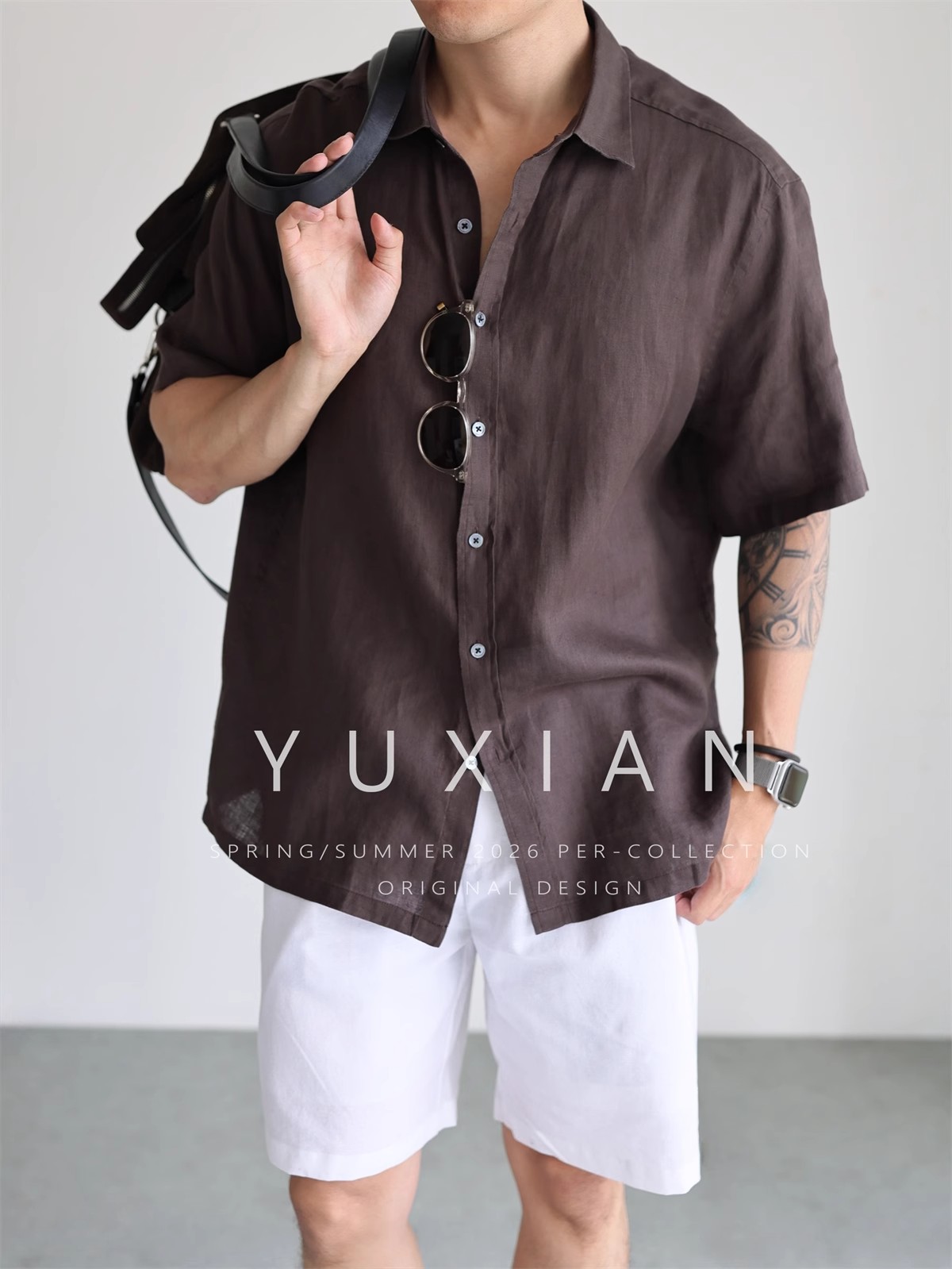 【YX】意式100%亚麻雨露透气短袖衬衫休闲宽松薄款衬衣男士春