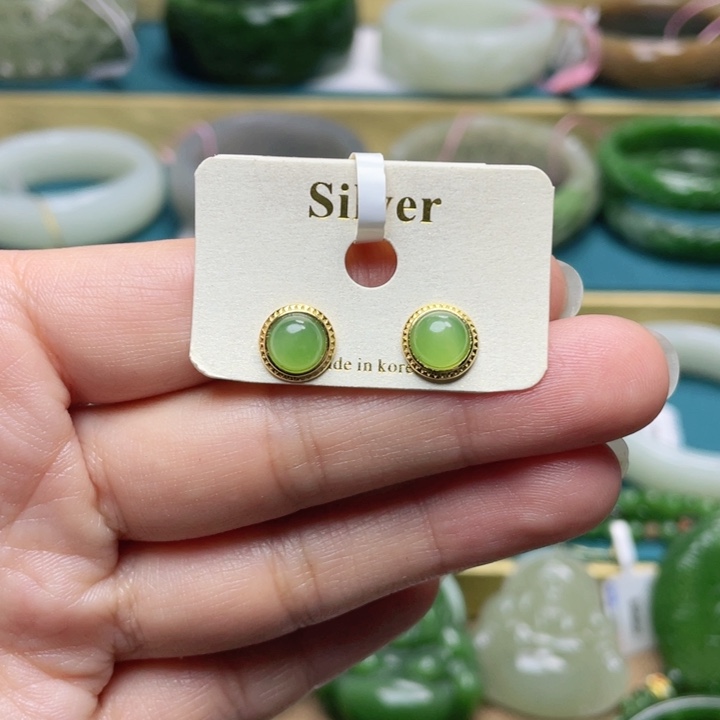 和田玉耳饰银S925镶嵌