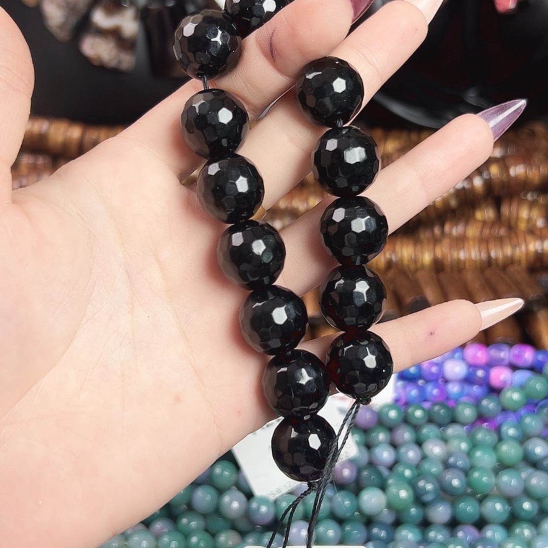 玛瑙/玉髓合金珠宝半成品a245 15m 钻切黑玛瑙圆珠半条