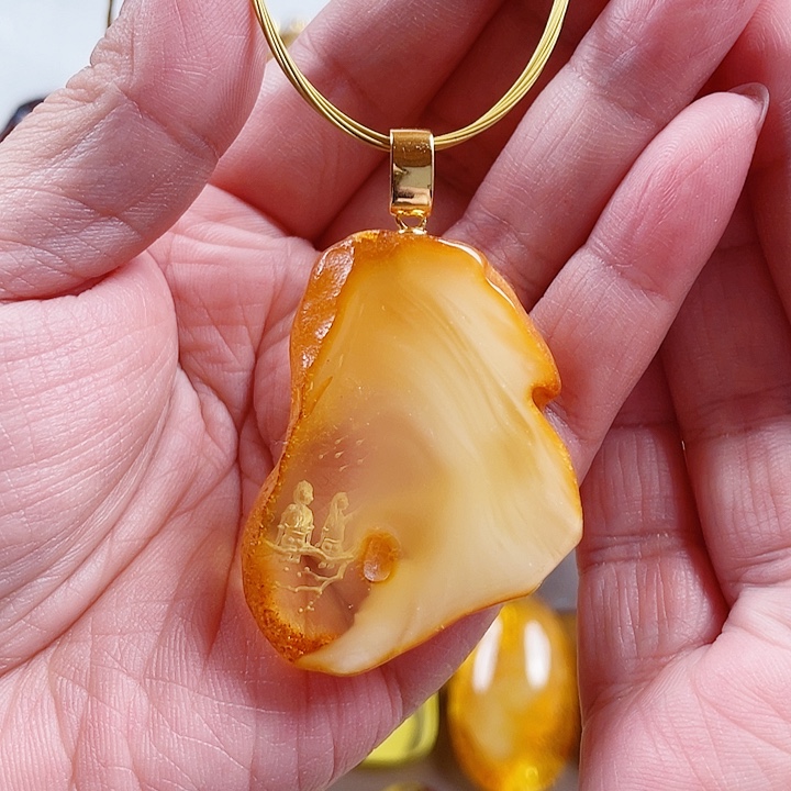 琥珀银S925镶嵌裸石吊坠