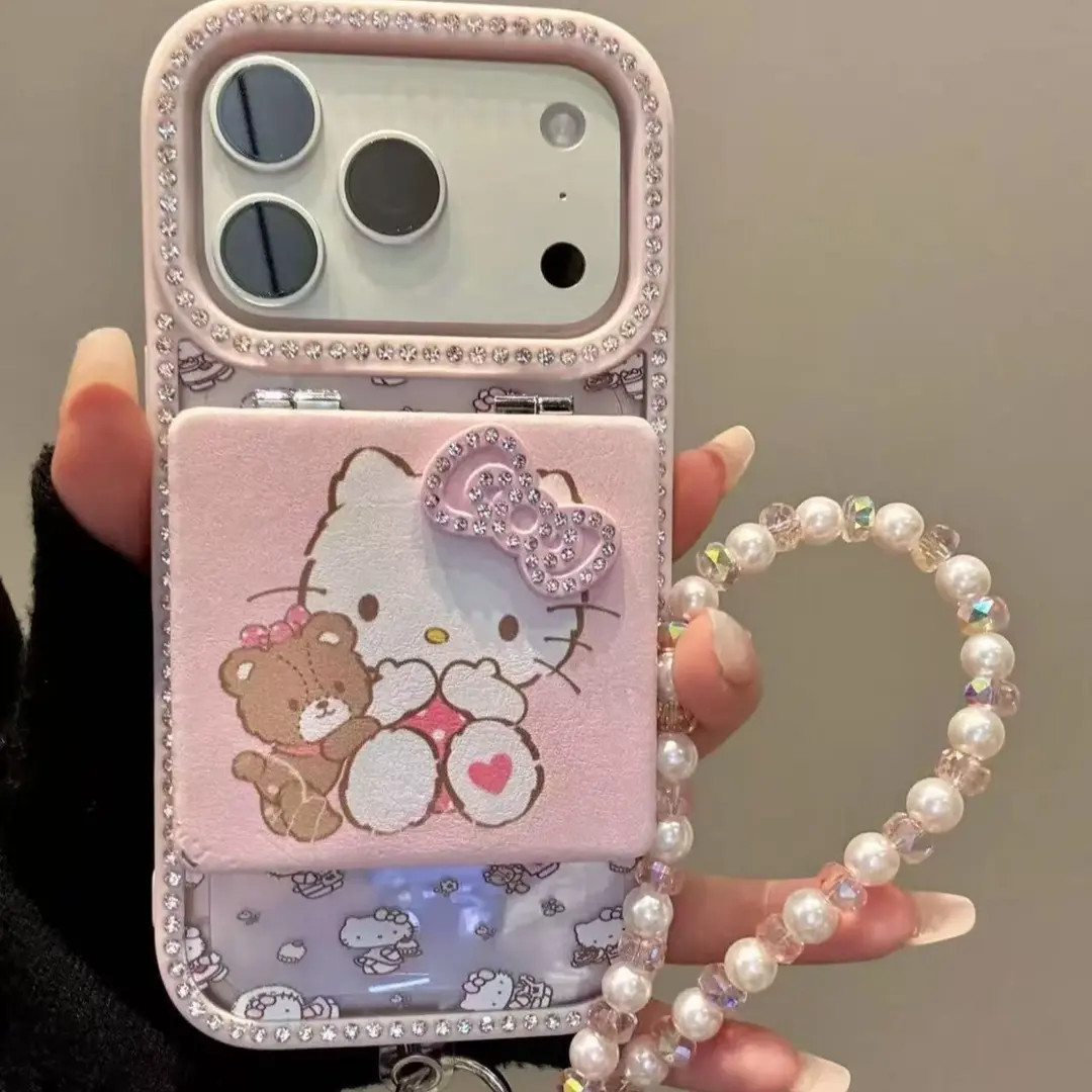 卡通抱熊KT猫补妆镜链条适用iPhone17promax苹果17pro手机壳16pro