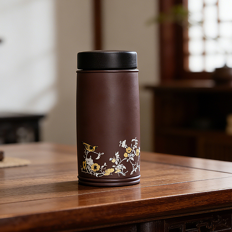 紫砂便携杯双层彩绘山水直身杯手工主人杯