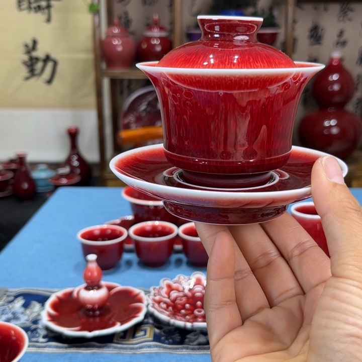 景德镇陶瓷浅行窑三才马蹄盖碗福利