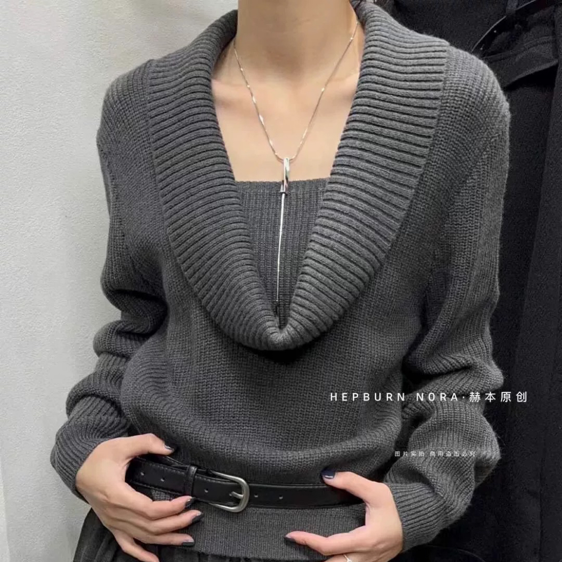 秋冬新款赫本荡领针织上衣女秋冬新款高级收腰显瘦百搭假两件毛衣