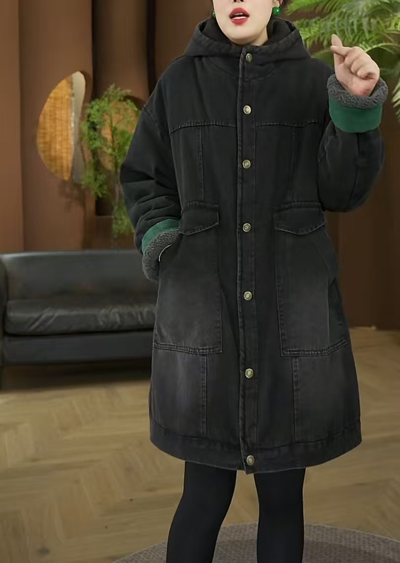 君姐服饰{5188}冬季加厚加绒连帽韩风宽松保暖绿色拼袖牛仔棉服