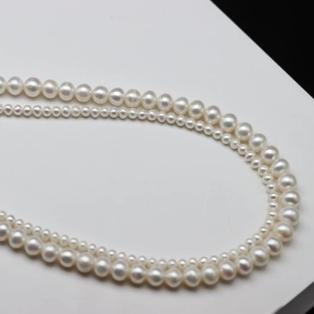 熠熠生辉双层白色珍珠项链内圈3-4mm外圈6-7mm
