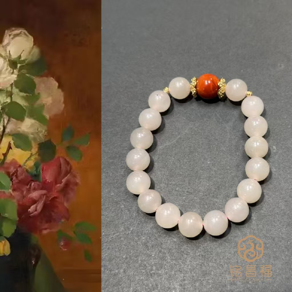 【红妆】纯天然和田玉青海料藕粉南红手串（玉10mm南红12mm）