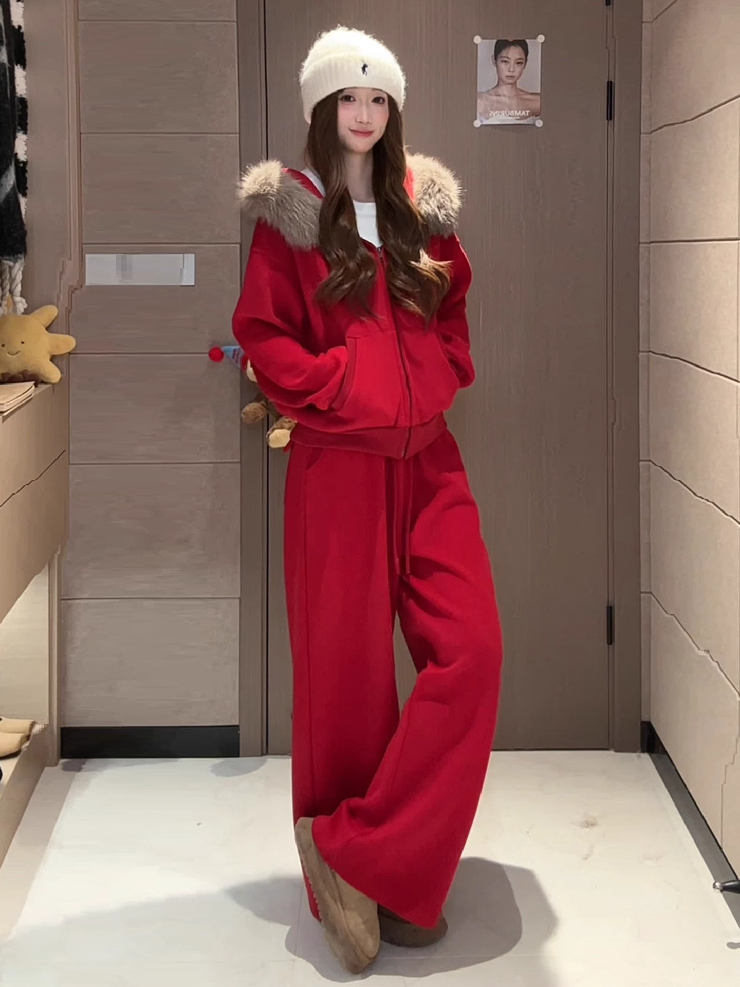 茶几高级感时尚休闲运动套装女秋冬加绒加厚连帽毛领卫衣阔腿裤两