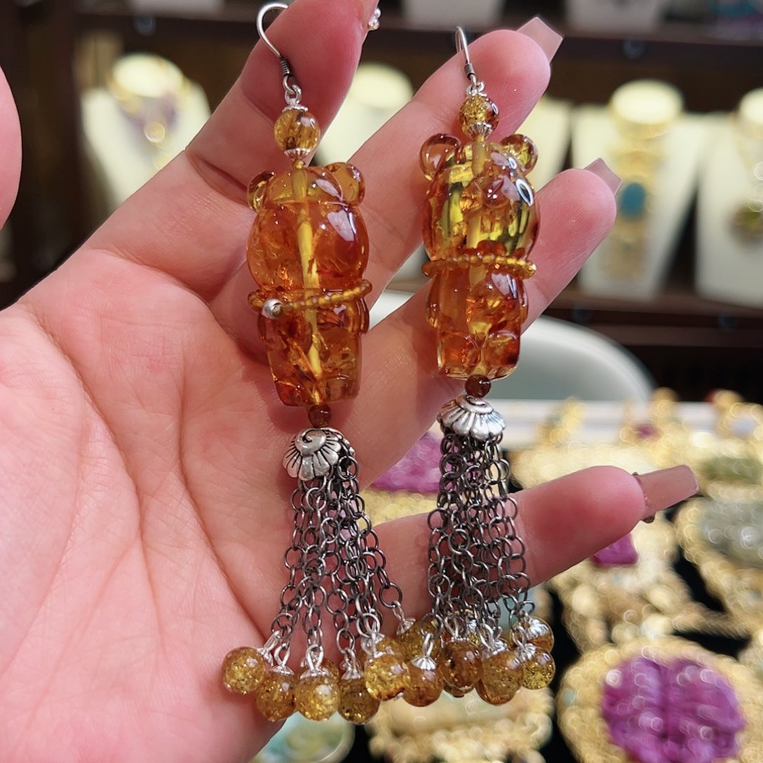 琥珀耳饰未镶嵌古风