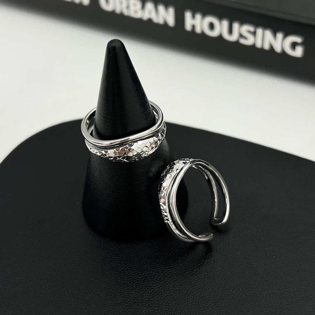 925银戒指 《双层波纹》韩版个性设计感车花碎冰冰双层开口银戒指