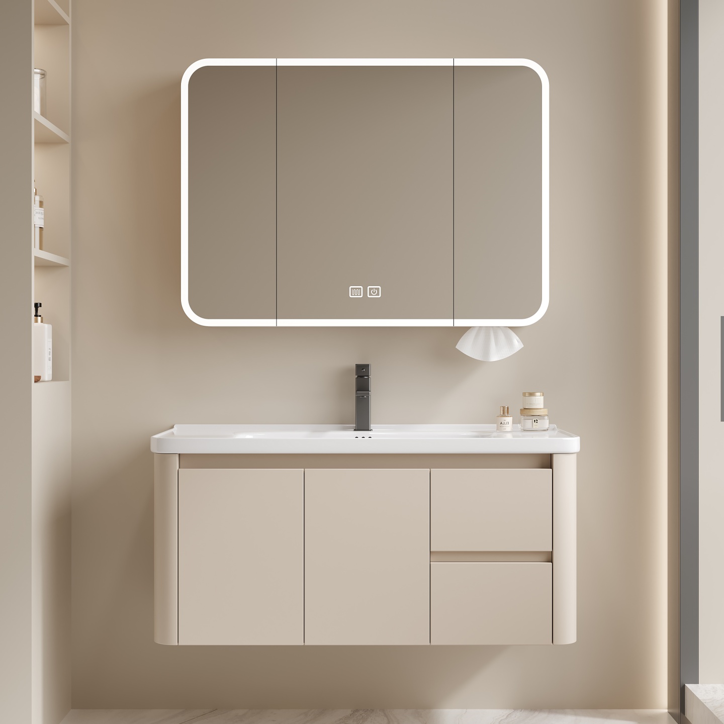 【大圆弧角抽屉】卡其色奶油风蜂窝铝浴室柜组合陶瓷一体盆洗漱台柜