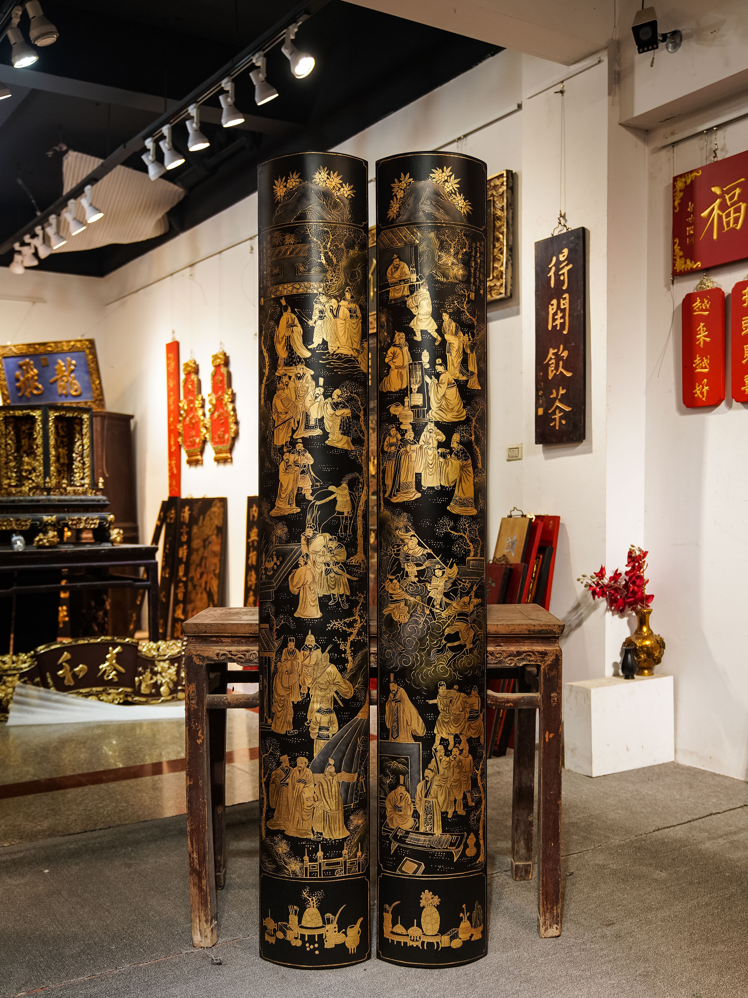 实木雕刻定制店面门头牌匾精美描金漆画抱柱挂屏 三国故事图