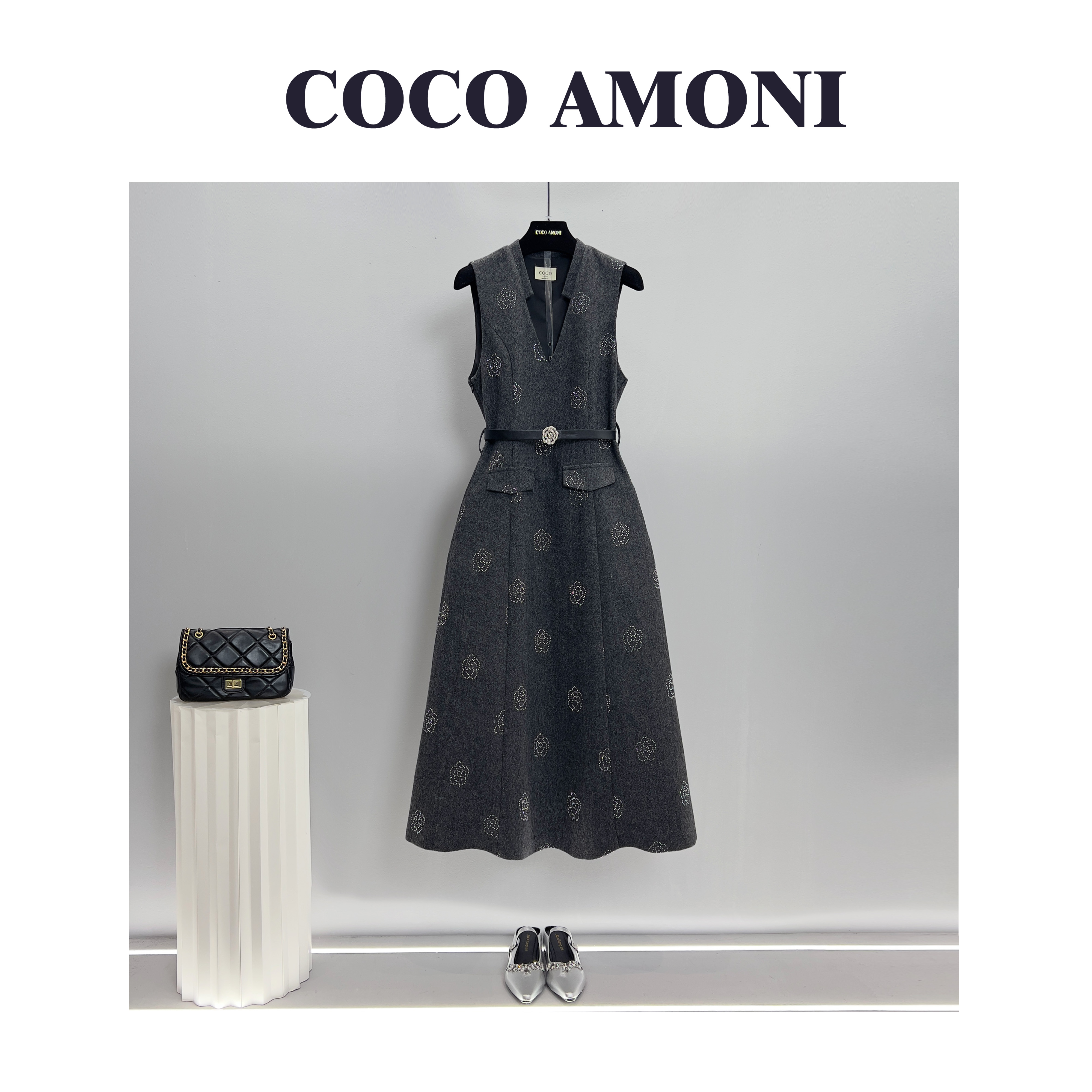 秋冬季时尚设计师爆款女装拼接收腰显瘦气质连衣裙WXH1119