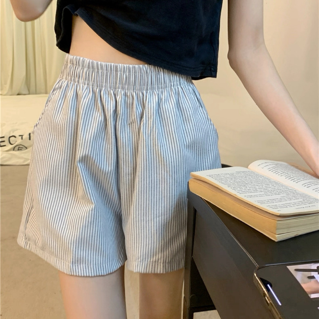 短裤女款春夏2025新款时尚洋气条纹设计宽松百搭高腰阔腿休闲裤子