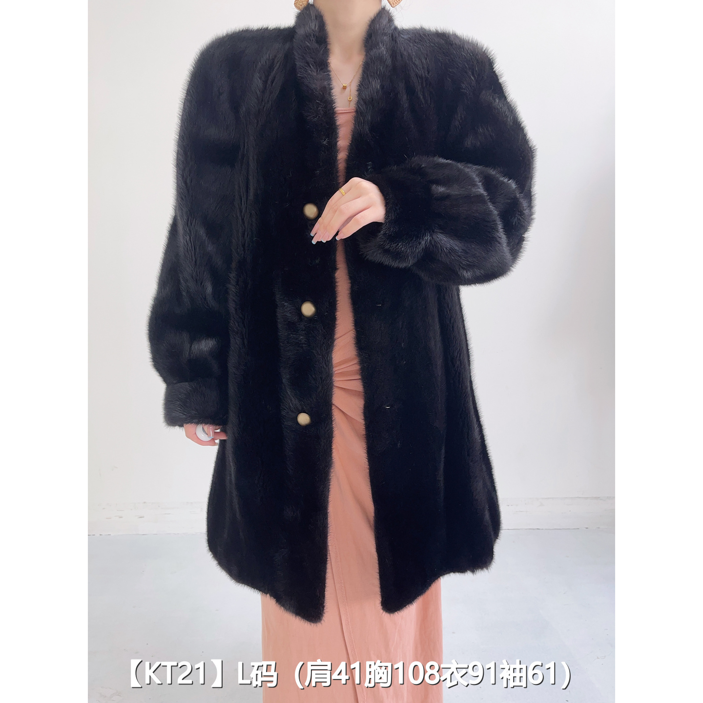 【KT21】L 红黑色长款逆毛貂皮水貂大衣女 V领泡泡袖 42021