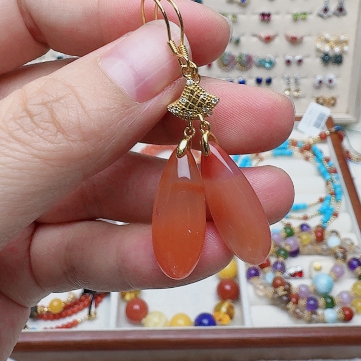 南红玛瑙耳饰银S925镶嵌耳钉