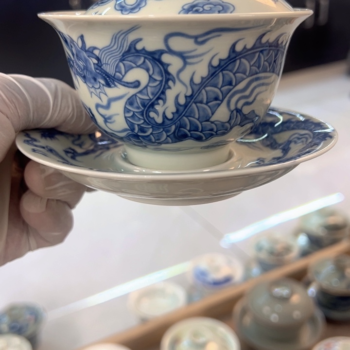 陶摆件白青花铠甲龙元宝盖碗全品