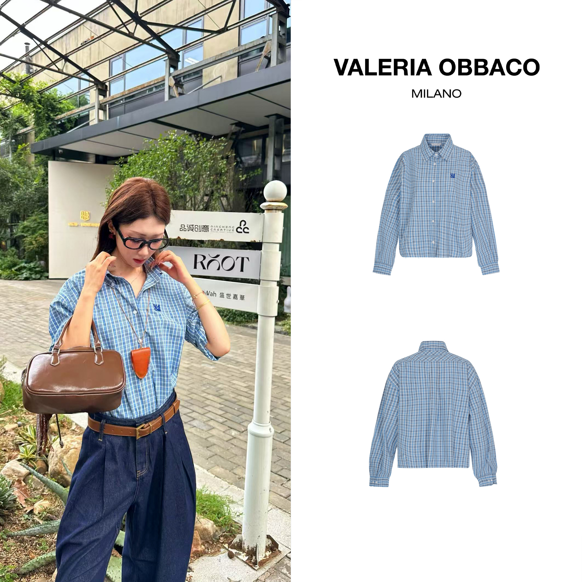 VALERIAOBBACO/瓦莱丽娅 奥贝科经典格子休闲刺绣短衬衫
