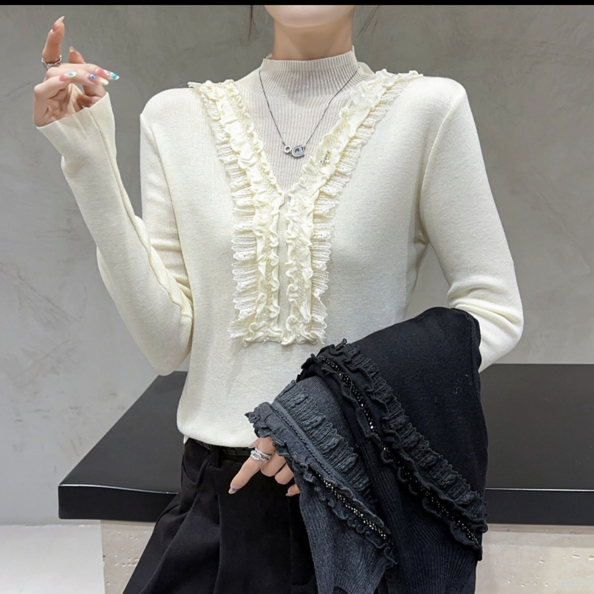 8278秋冬新款法式气质木耳边修身显瘦内搭打底毛衣
