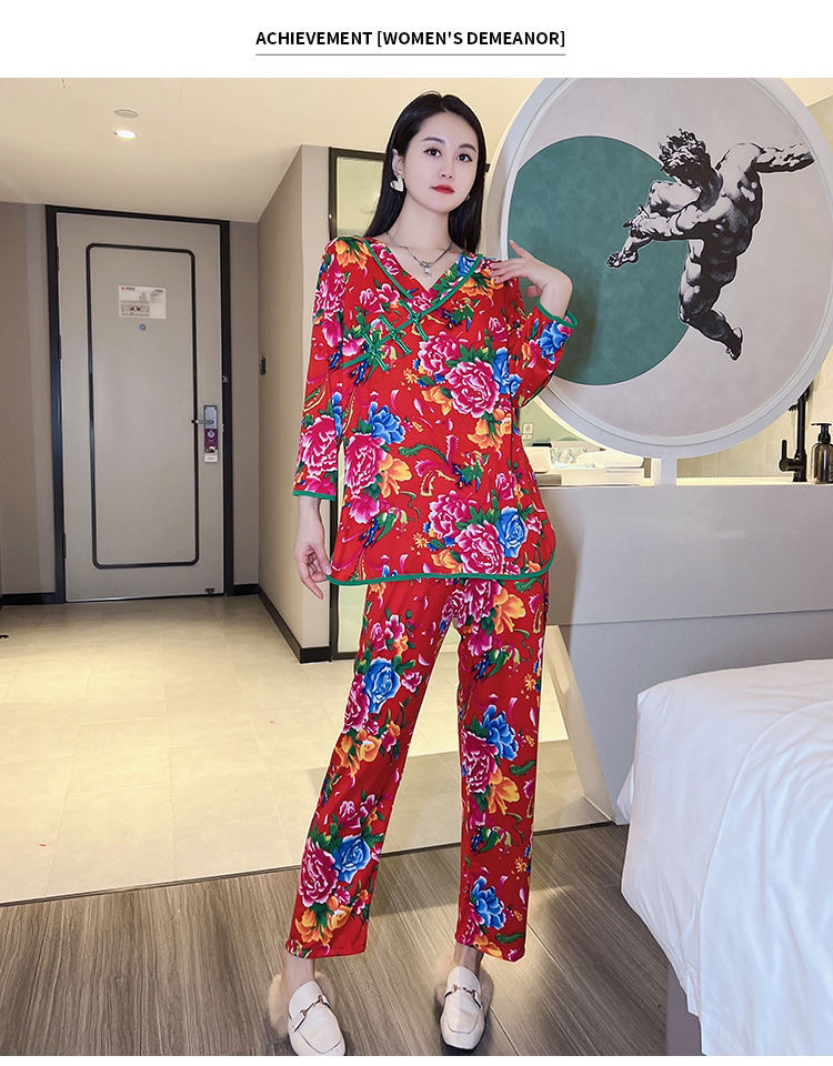 东北大花国风睡衣女套装家居服大码高弹宽松遮肉显瘦四季款秋冬