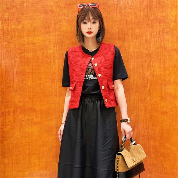 【巴韩】玲姐家25937时尚名媛洋气韩版宽松显瘦百搭圆领无袖马甲