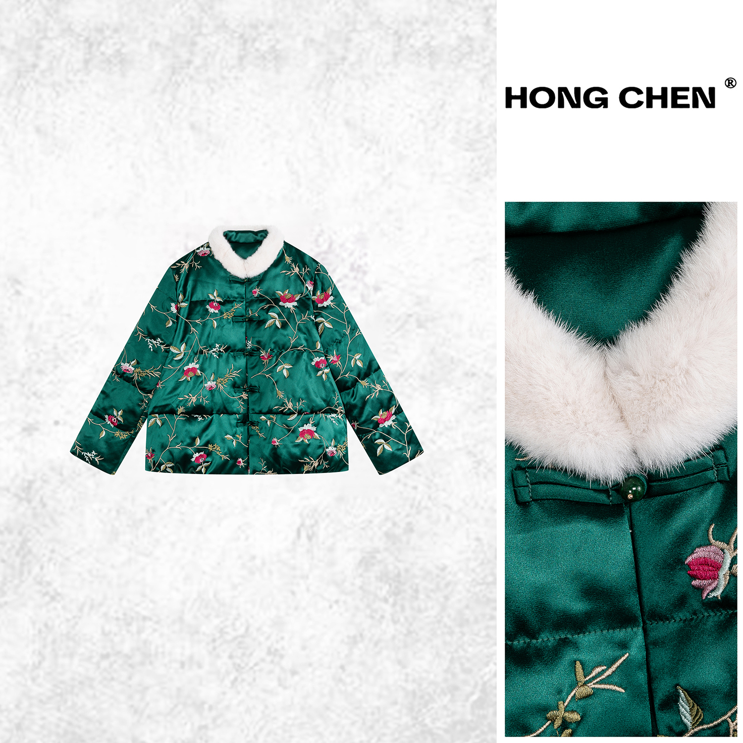 高端时尚优雅新中式气质绣花拼水貂毛领鹅绒外套-HC2905