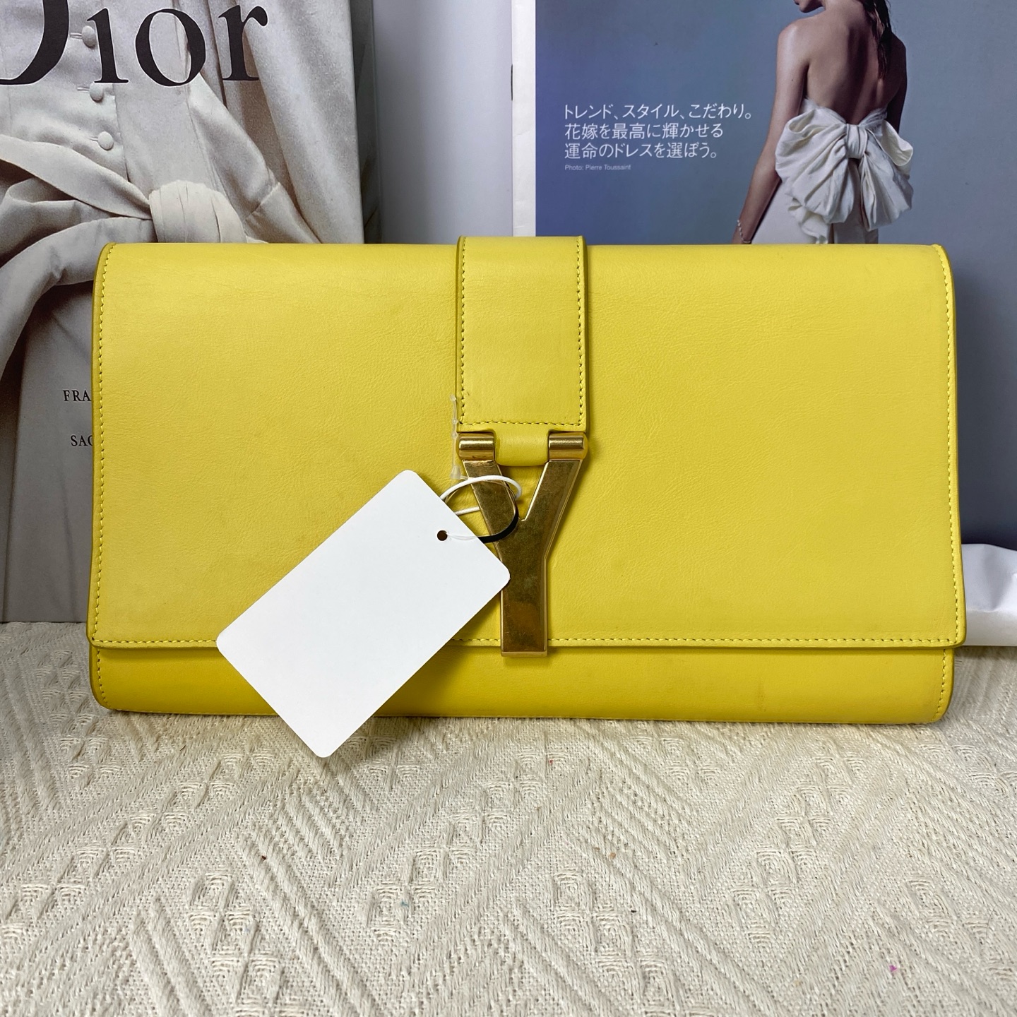 95新 YSL/圣罗兰 Y扣柠檬黄手拿包16231249