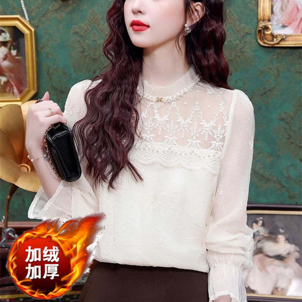 加绒加厚轻奢高级感蕾丝衬衣女2025新款小香风长袖法式上衣