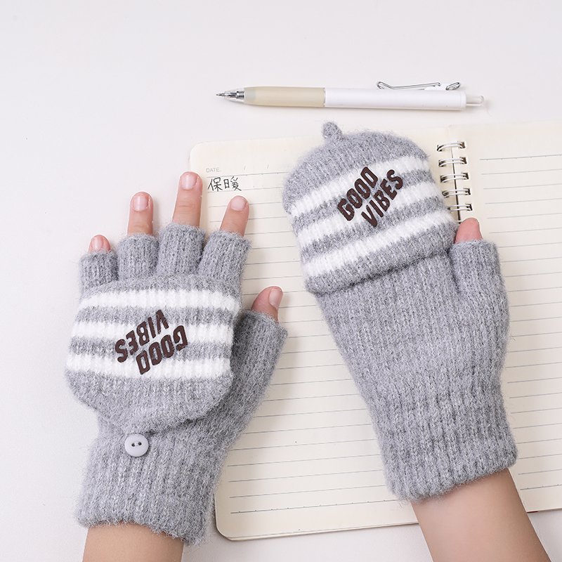 儿童男童手套冬半指翻盖小学生写字做作业男孩青少年上学五指半截
