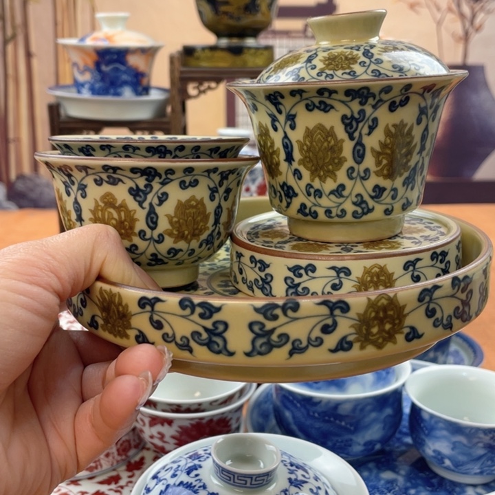 木***间陶摆件二号釉釉里红缠枝莲五件套