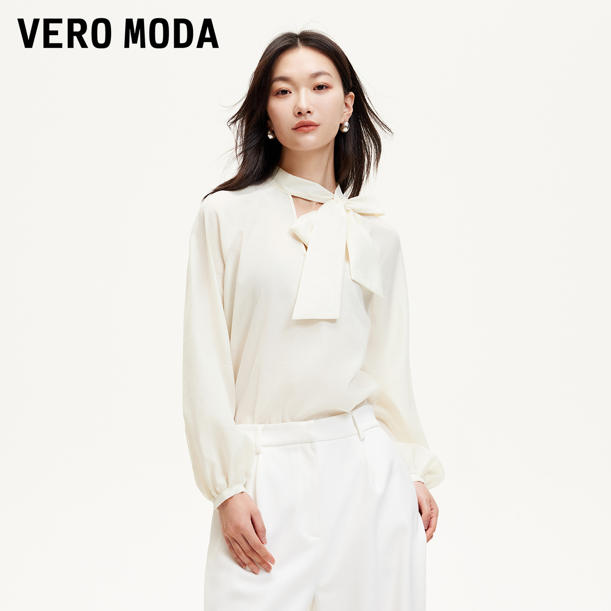 Vero Moda上衣V领飘带灯笼袖纯色宽松独特漂亮纯欲慵懒风女装小衫