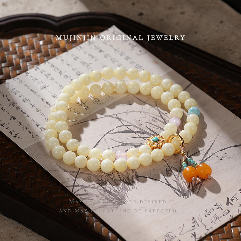 【木槿槿】天然白蜡蜜蜡手链女款约6m小众首饰时尚饰品串珠手串轻奢