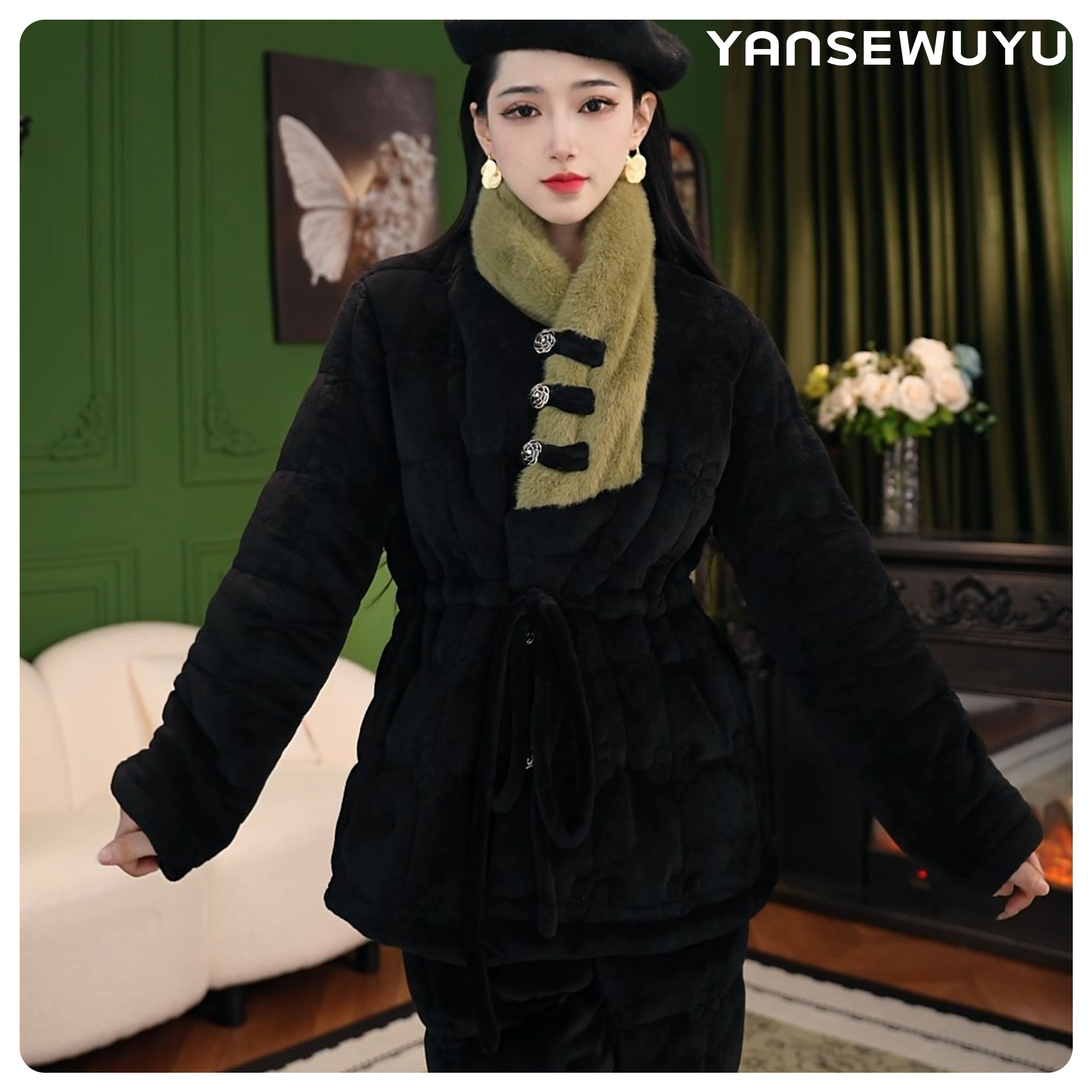 【夜绿松露】黑绿色冬季加厚排时尚家居服套装大衣女扣围脖领夹绵