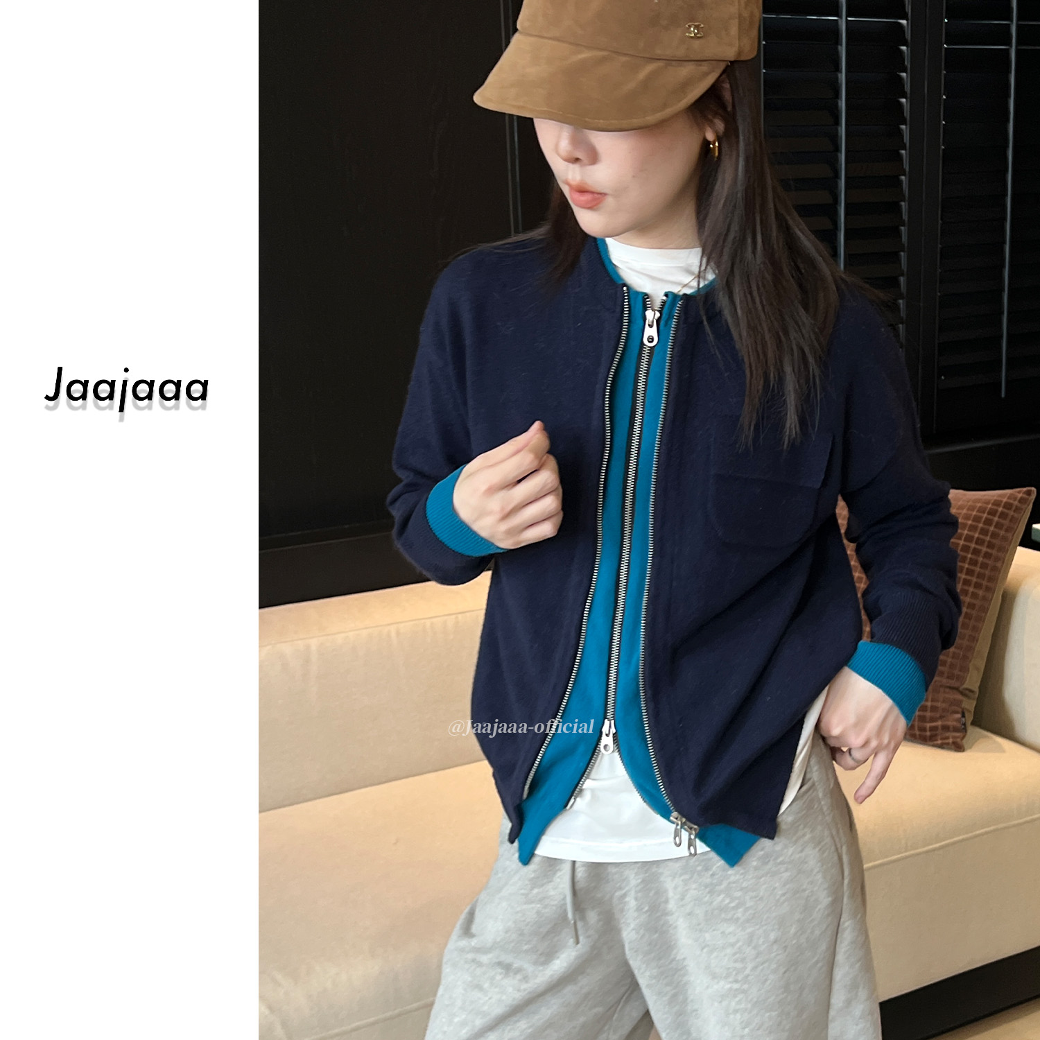 Jaajaaa悉尼往事  小众针织拼接假两件百搭气质休闲显瘦外套/AAI
