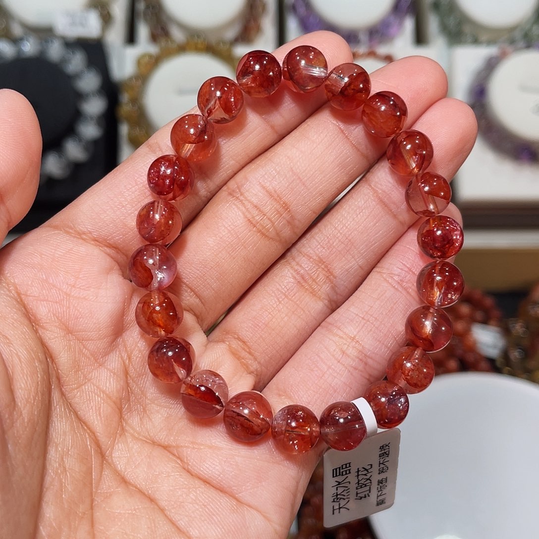 水晶未镶嵌手链巴西红胶花8mm