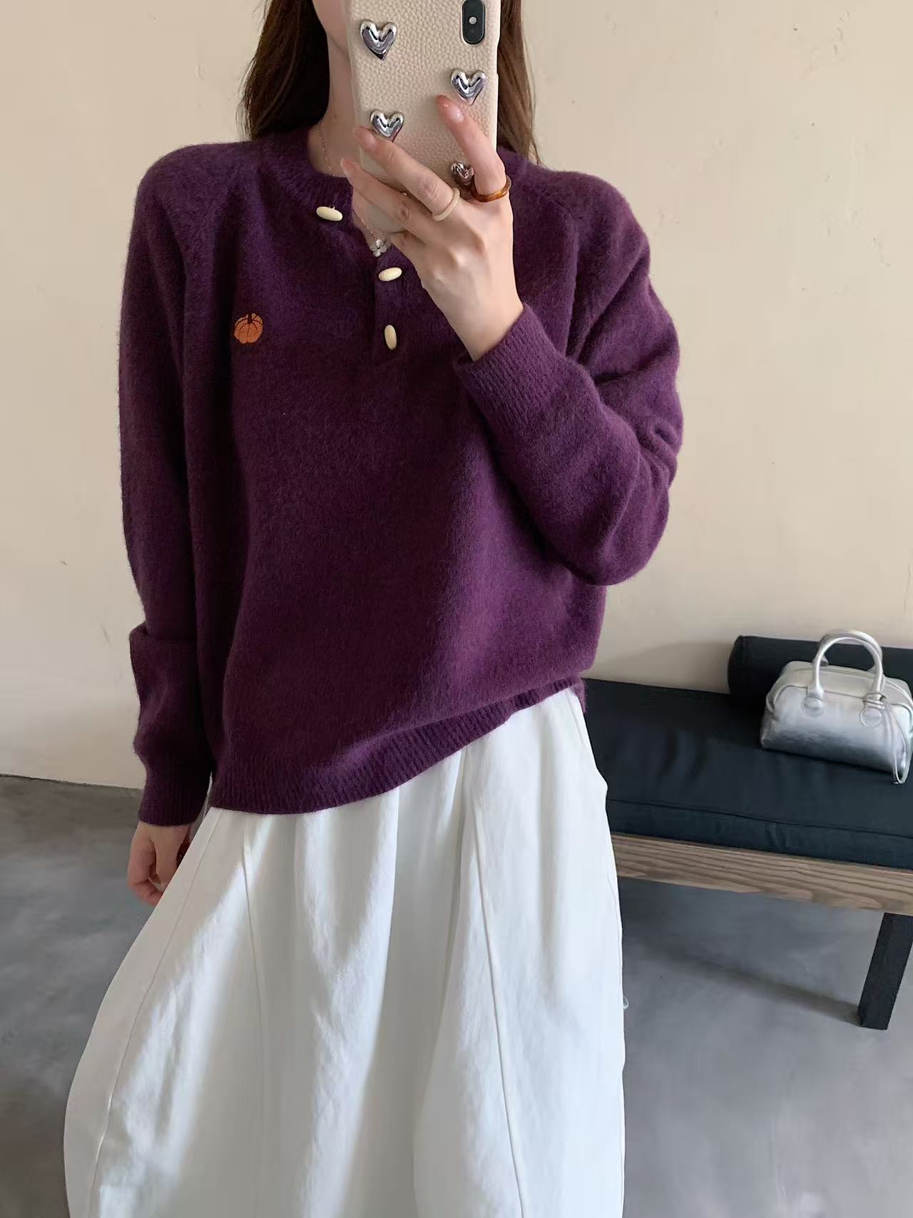 半开翻领套头长袖毛衣减龄学院风刺绣南瓜宽松休闲针织衫上衣