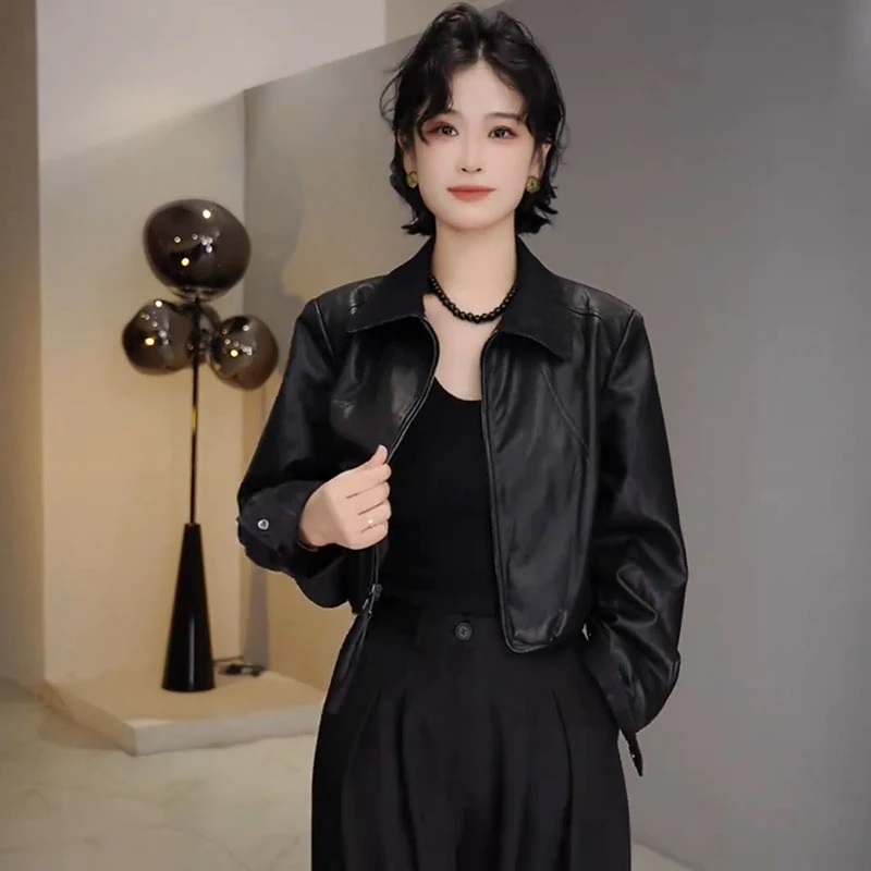韩系时尚设计感翻领撞色皮衣女2025秋季新款气质简约百搭机车外套