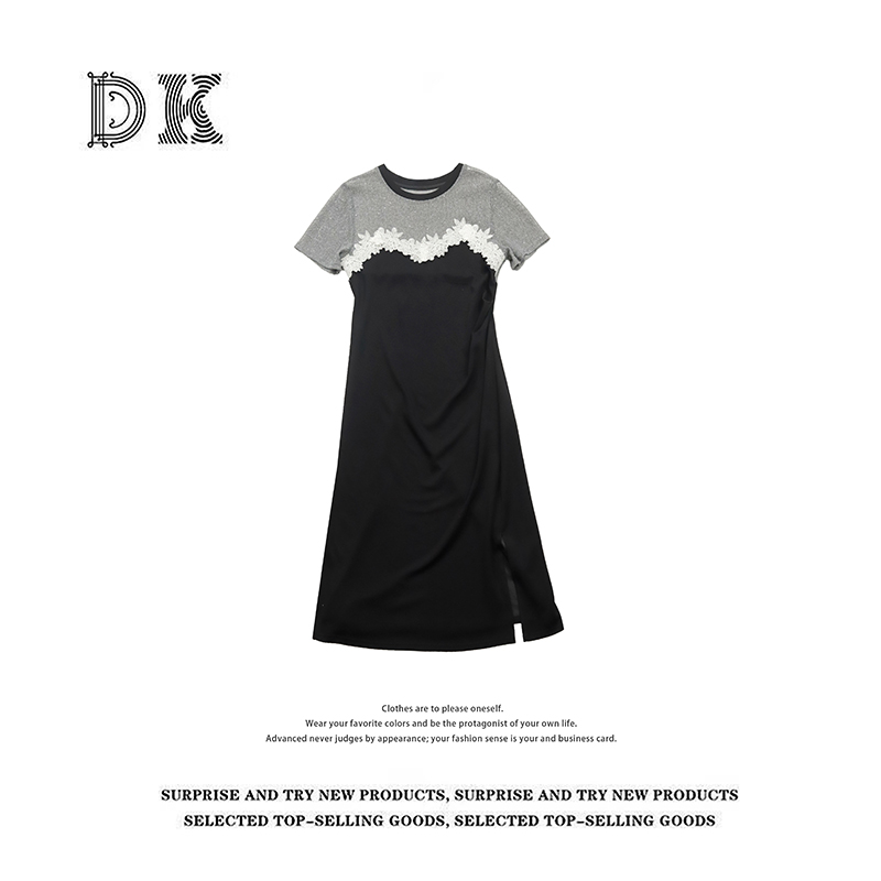 DK 2025夏季新款设计感名媛气质拼接开叉短袖连衣裙 18902
