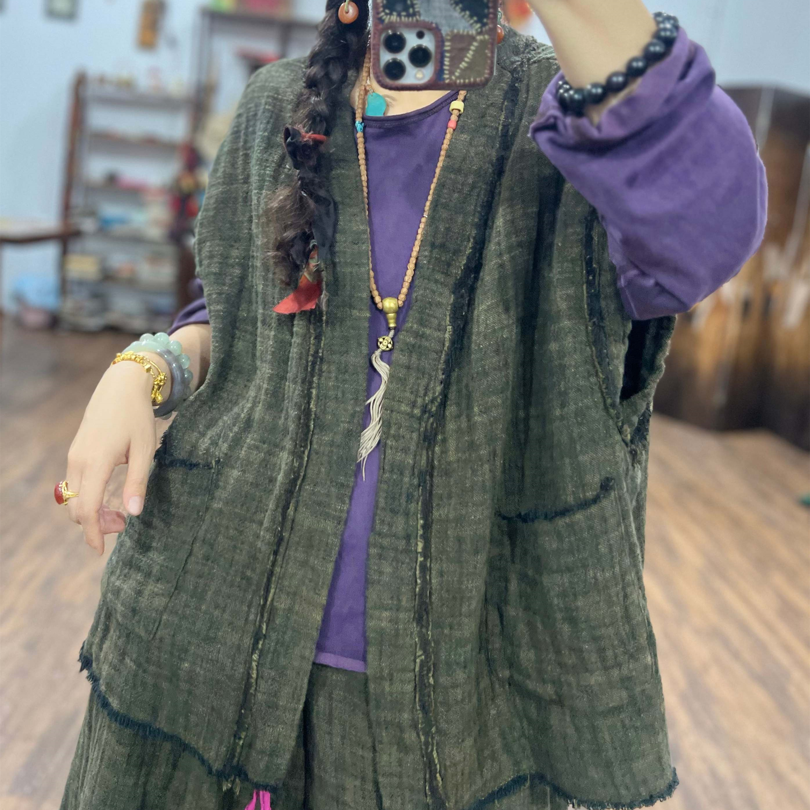 素喜光阴亚麻V领休闲背心秋季新款砂洗慵懒风毛边大口袋无扣开衫