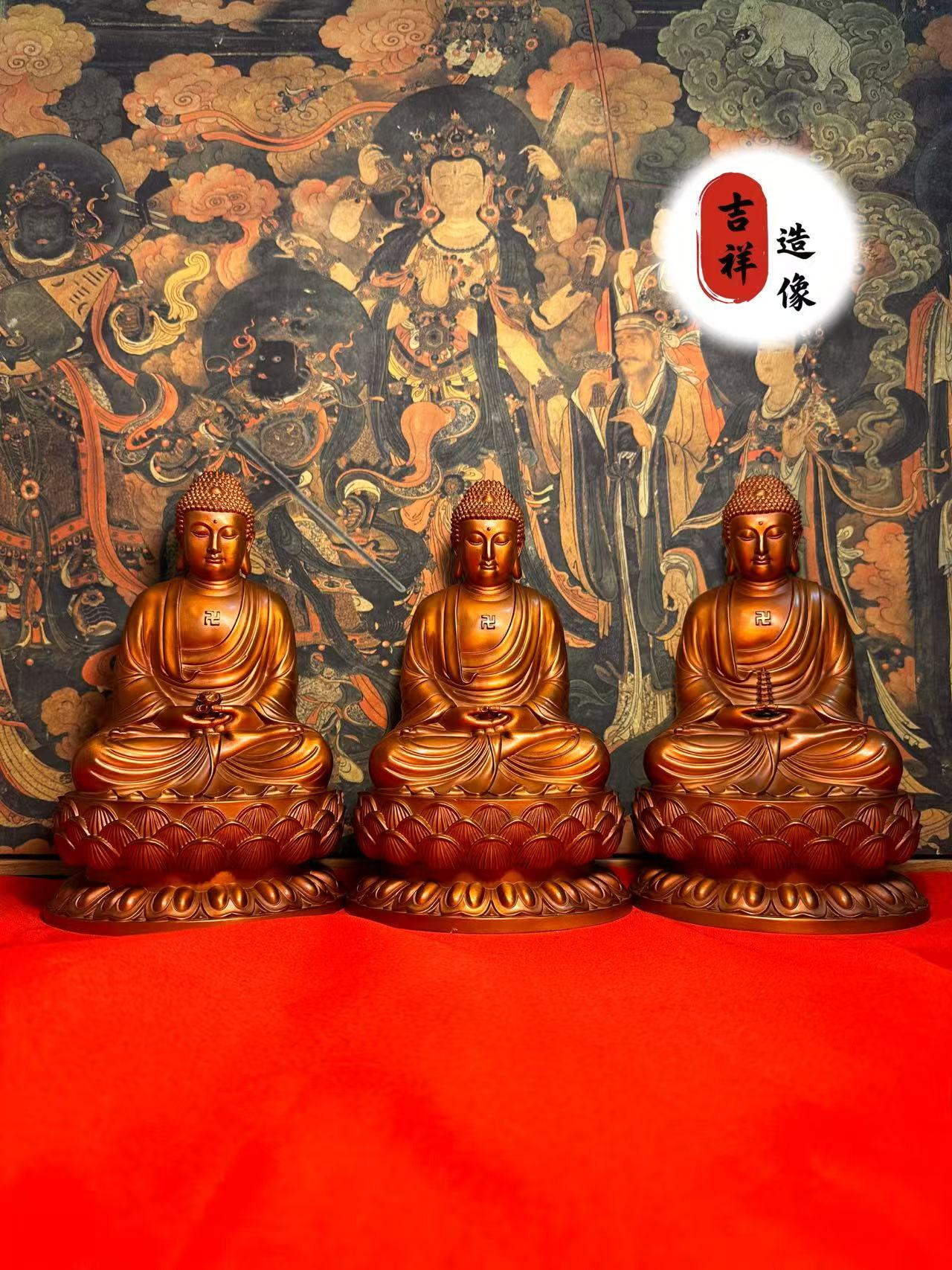 纯紫铜《三宝佛》纯手工造像家用玄关佛像摆件