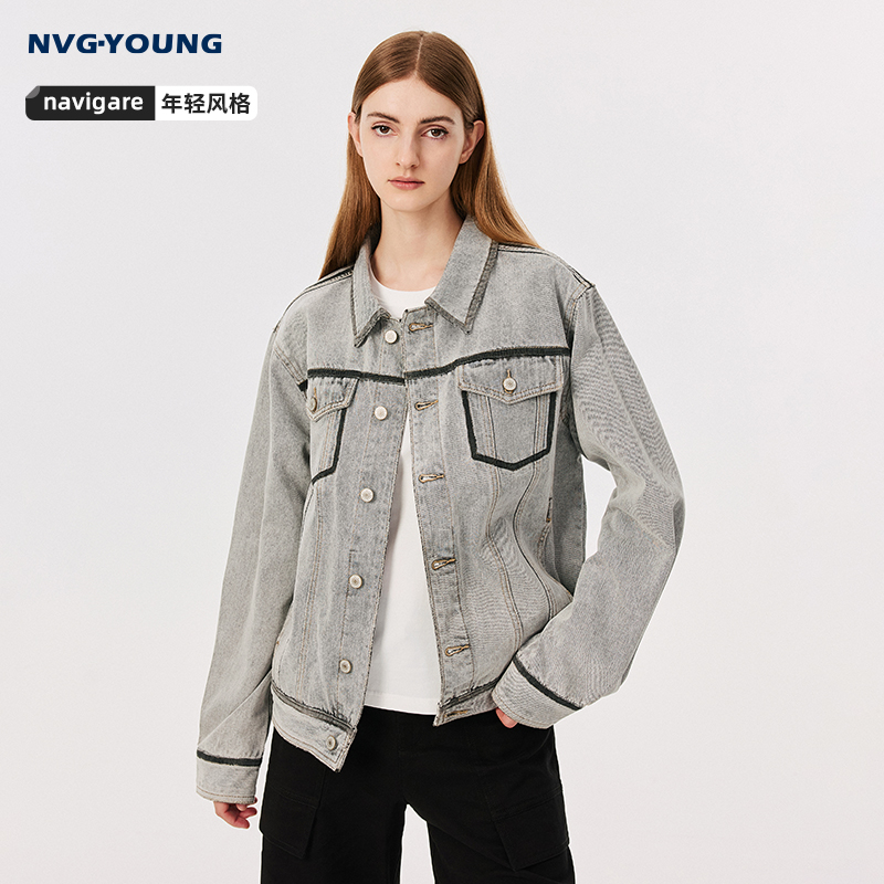 NVG·YOUNG意大利小帆船春季灰色休闲夹克男女同款复古牛仔衣外套