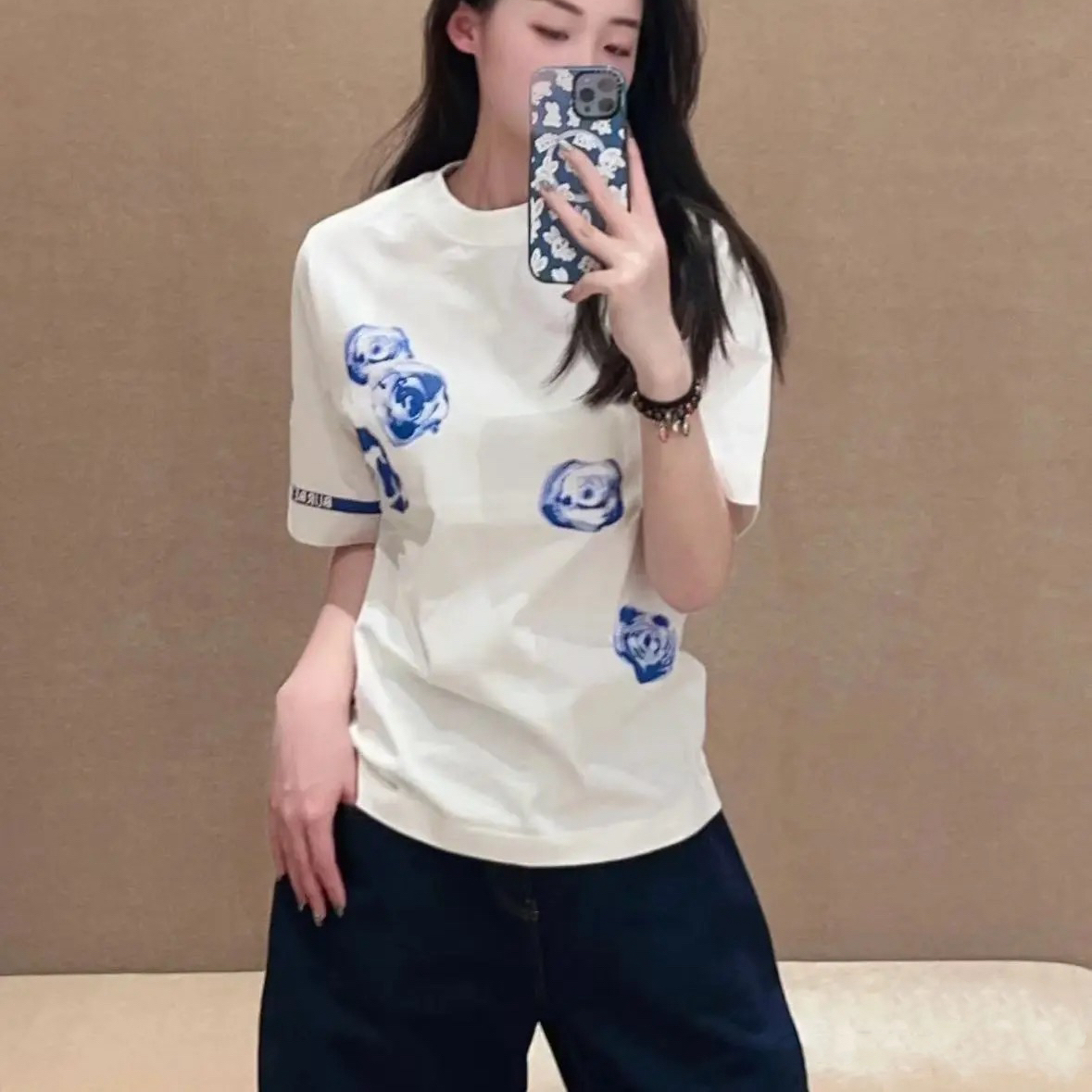 未使用 BURBERRY/博柏利 夏季白色圆领套头宽松蓝色花卉印花短袖T