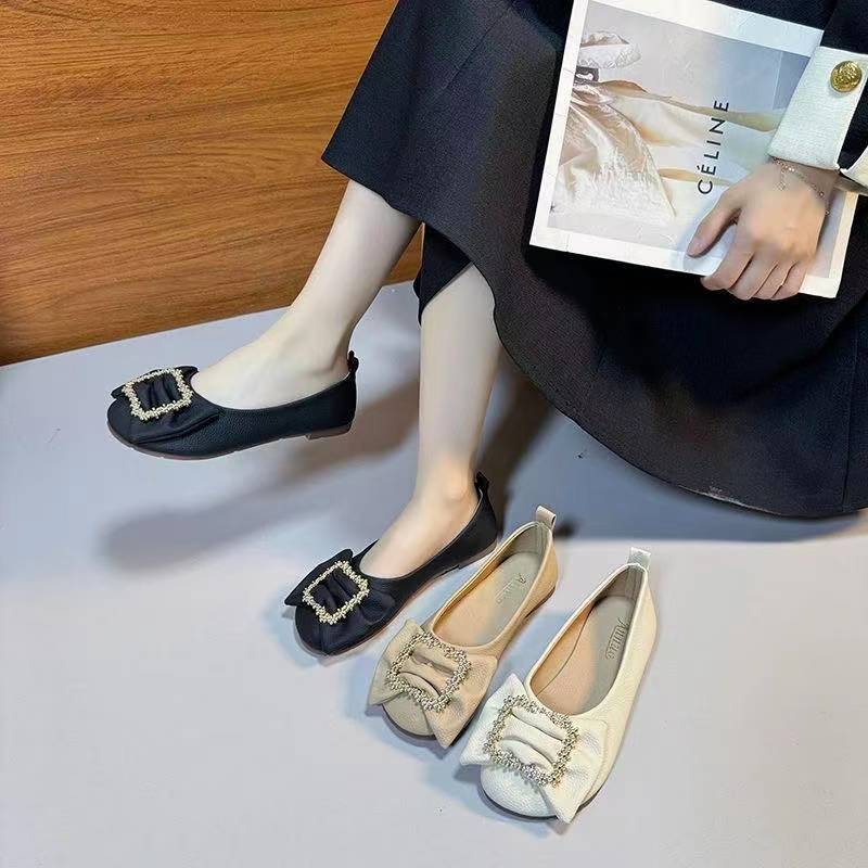 大码蝴蝶结单鞋女2025春夏新款百搭软底奶奶鞋时尚仙女平底豆豆鞋