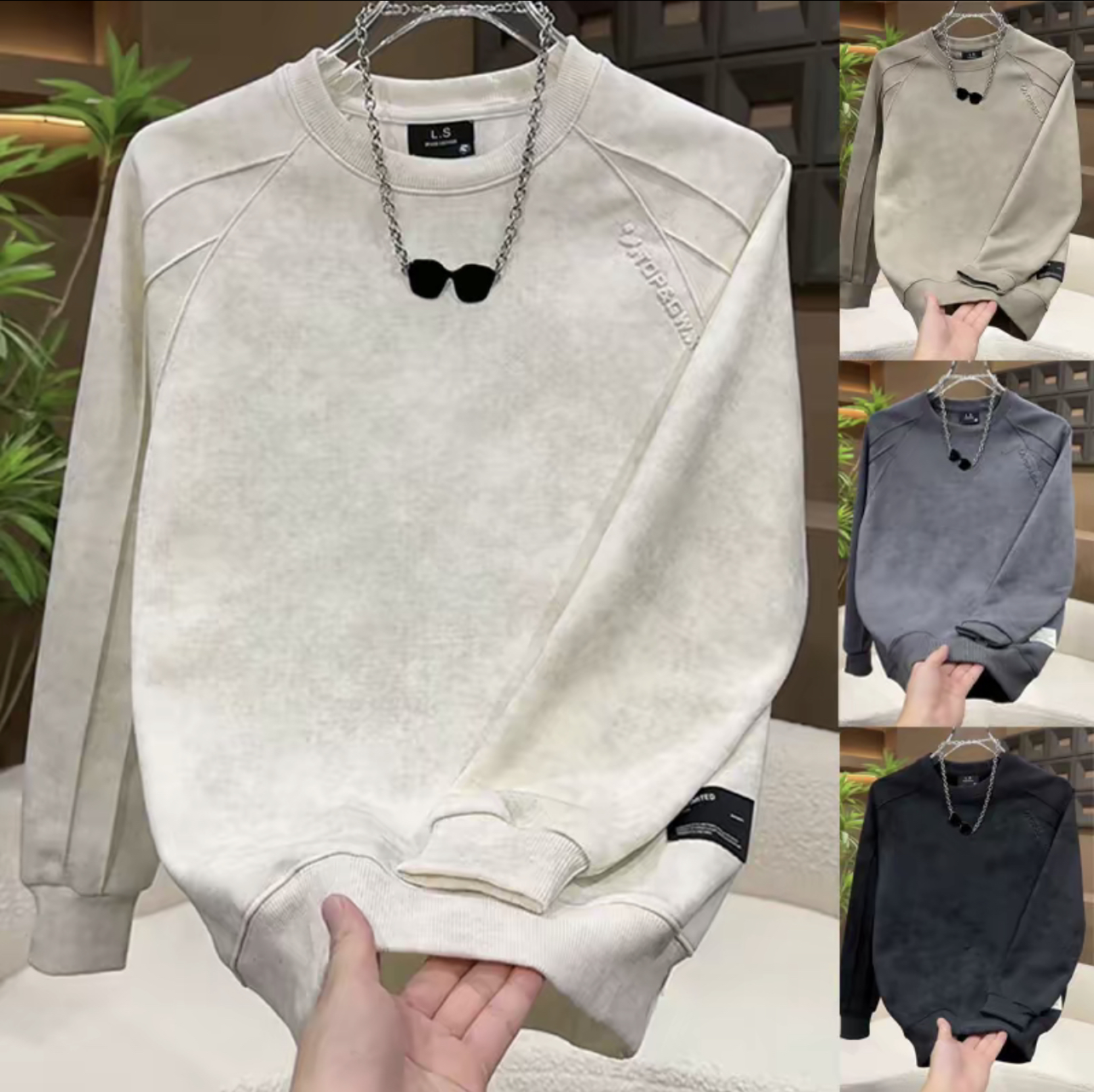 圆领无帽卫衣男美式潮牌春秋款长袖打底衫扎染青年衣服男2025新款