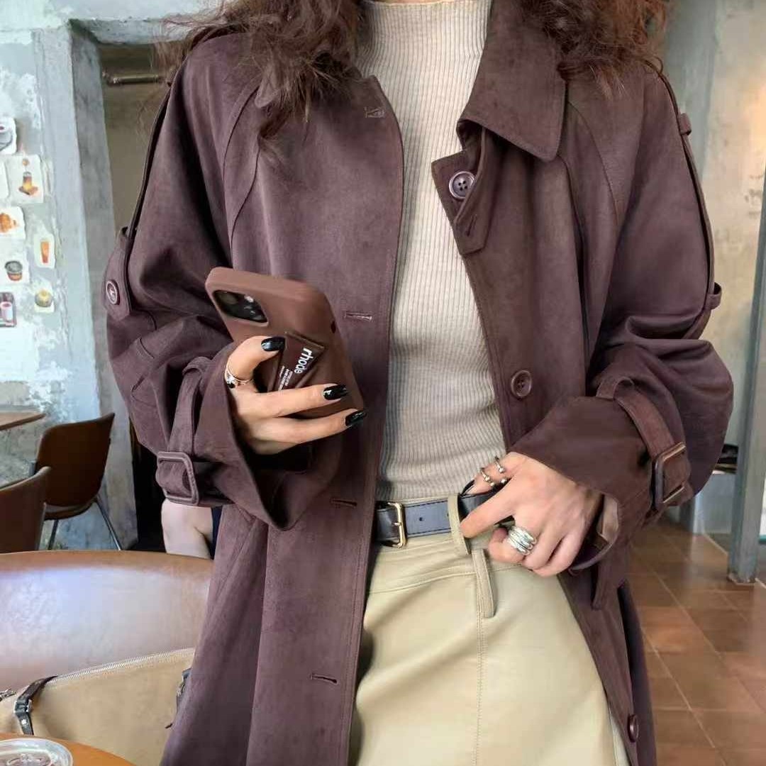 秋季简约纯色翻领宽松时尚中长款通勤百搭女风衣配腰带