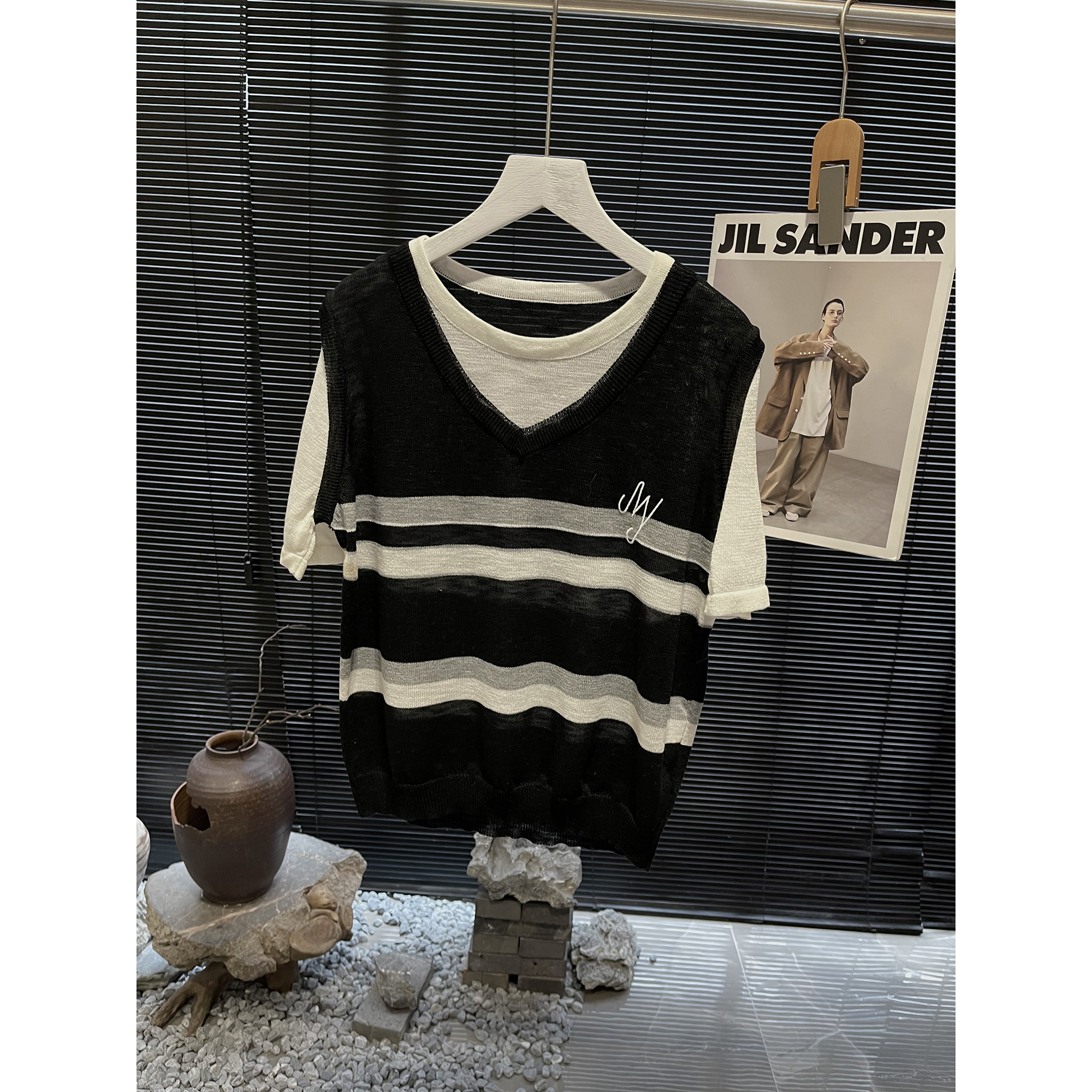 撞色假两件短袖针织衫6703-3（清）