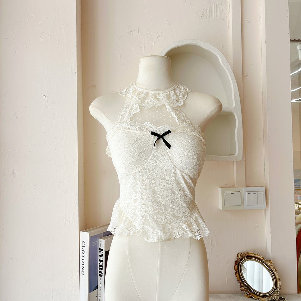 LHTE青青大码女装 镂空性感蕾丝拼接系带挂脖白色内搭上衣C5453