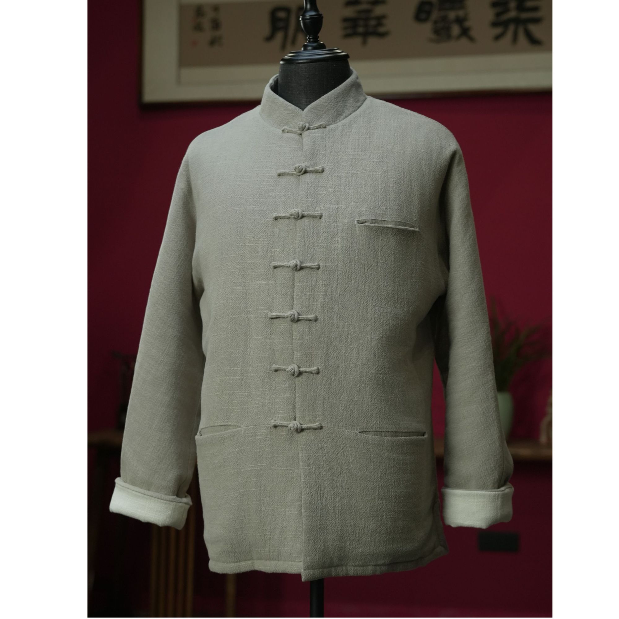 Sevensee/柒曦华服中国风石磨水洗麻手工盘扣对襟新中式男装冬装