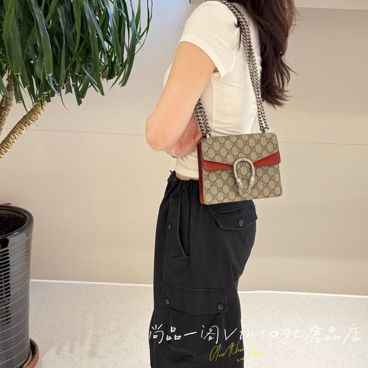 95新 GUCCI/古驰 尚品一阁/老花拼红色酒神 链条斜挎包