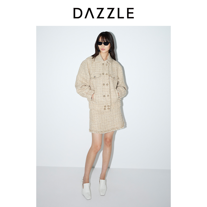【上新】DAZZLE地素 毛呢外套24春新款女装金葱粗花呢大衣2I1G102